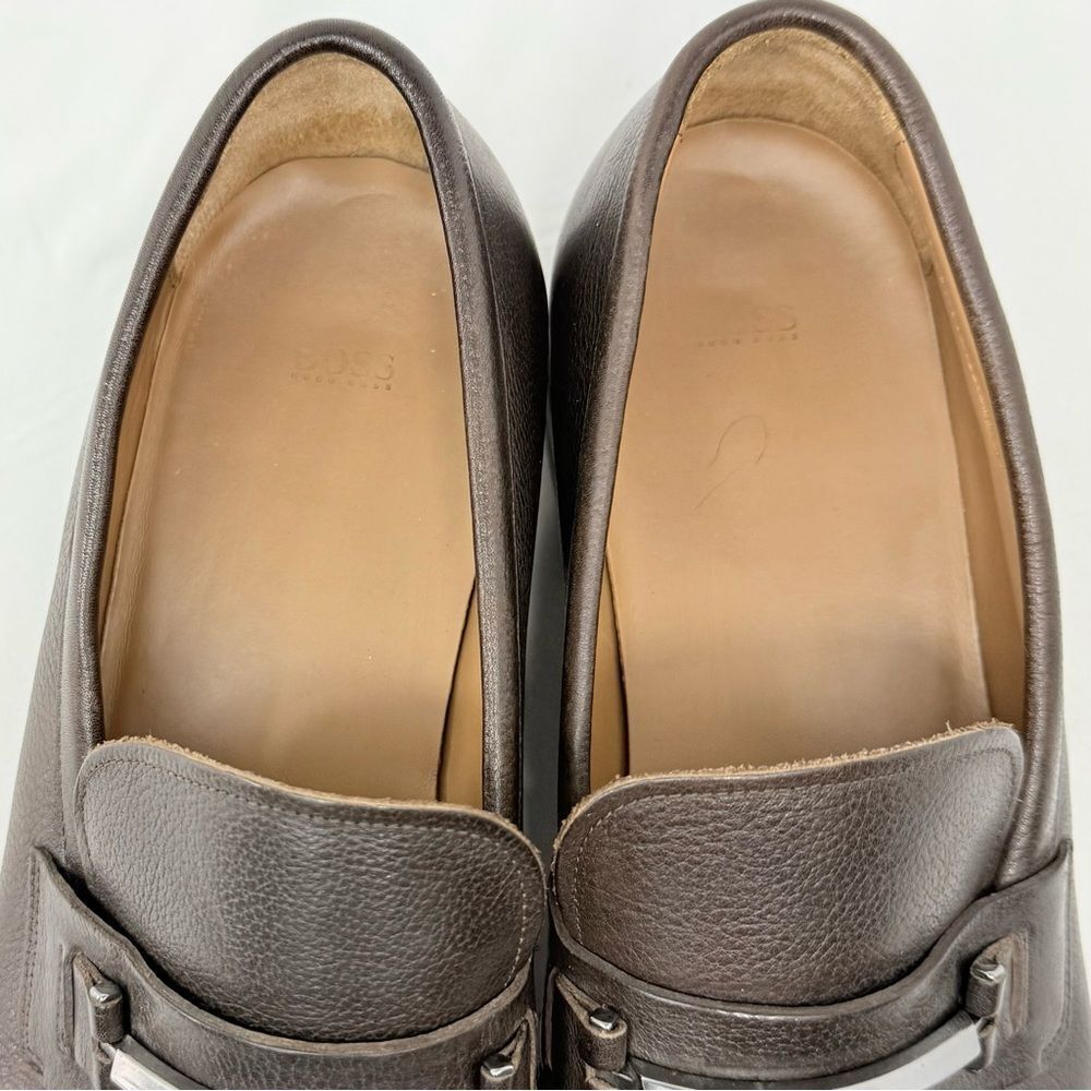 Hugo Boss Brown Leather Silver Tone Horse Bit Slip On Dress Loafer Shoes - Picture 4 of 15